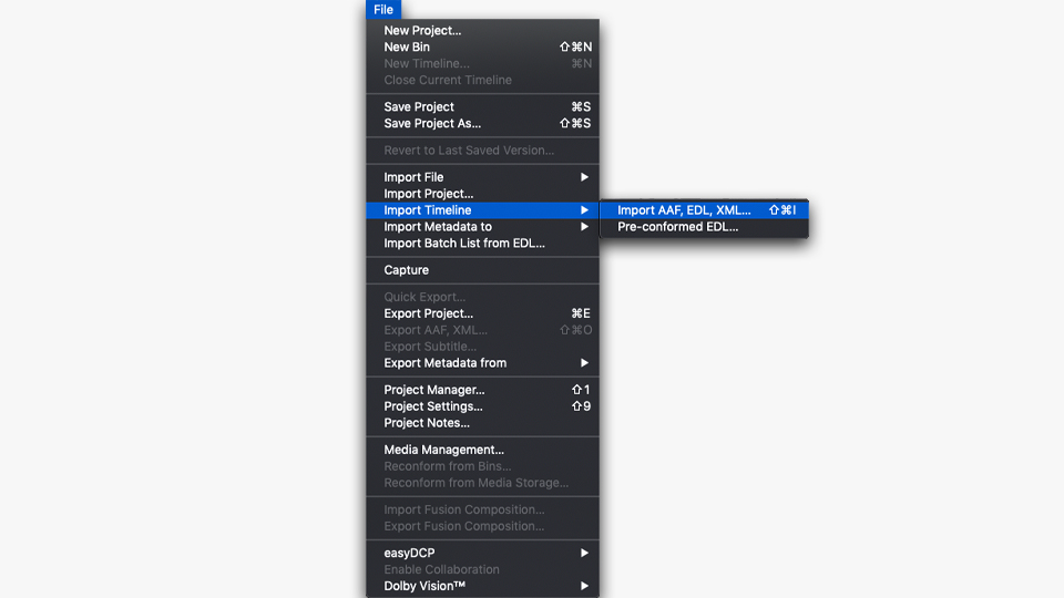 Menu selections for importing an XML file into DaVinci Resolve.