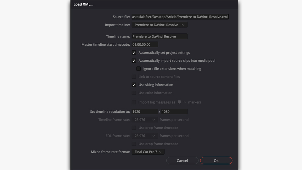 DaVinci Resolve's XML import settings.