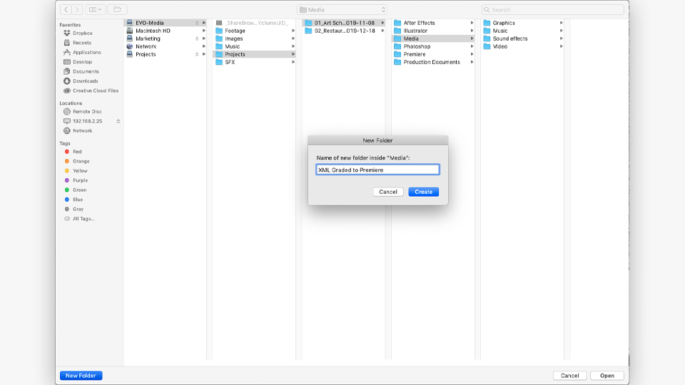 Creating a new folder for the graded XML file in Finder for Premiere Pro to DaVinci Resolve roundtrip.