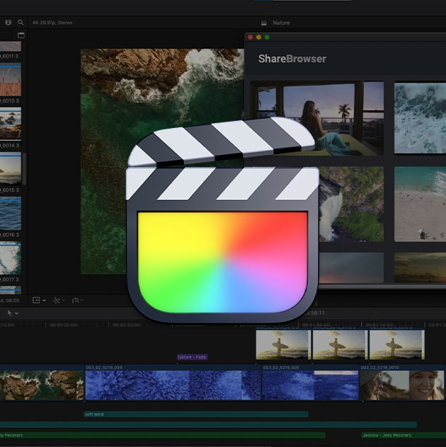 Apple Final Cut Pro logo on video editing timeline with ShareBrowser MAM extension