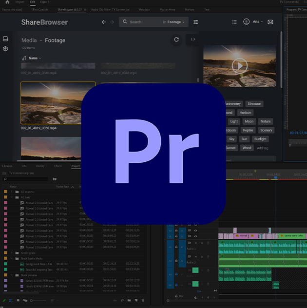 Adobe Premiere Pro logo on video editing timeline with ShareBrowser MAM panel