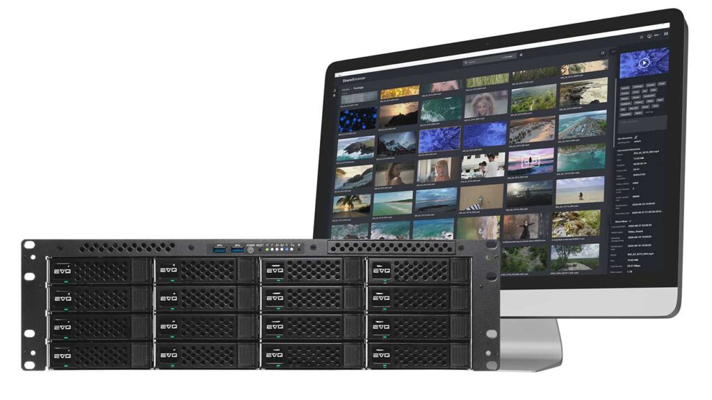 EVO 16 bay shared storage server with ShareBrowser MAM in monitor