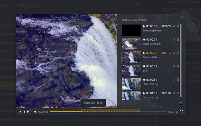 Screenshot showing timecode-accurate markers and subclipping In ShareBrowser MAM