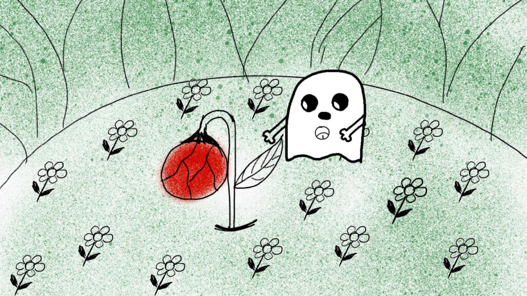 animation of ghost in meadow with wilted rose